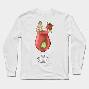 Strawberry Daiquiri Mermaid Cocktail Illustration Long Sleeve T-Shirt